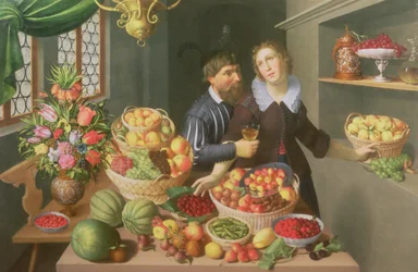 Man and Woman Before a Table Laid with Fruits and Vegetables